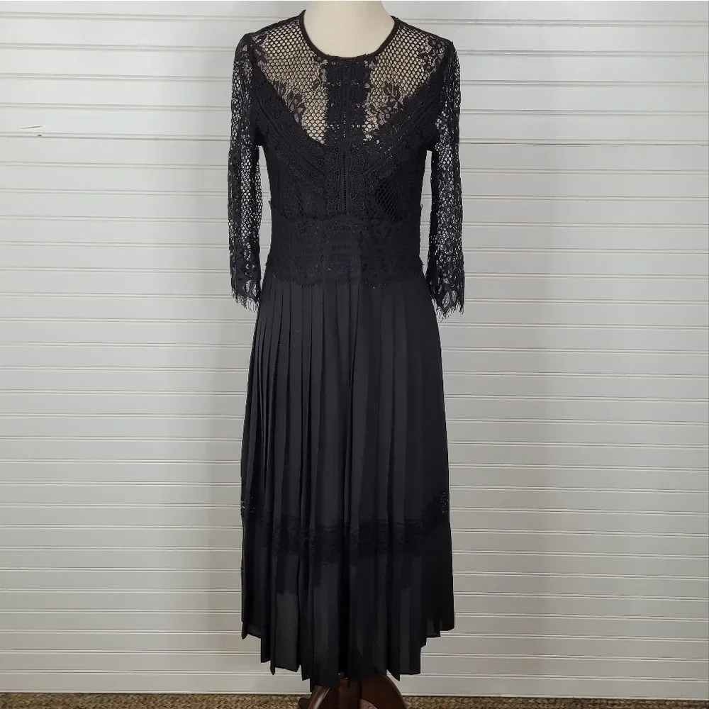 Zara Black Lace & Pleated Midi Dress